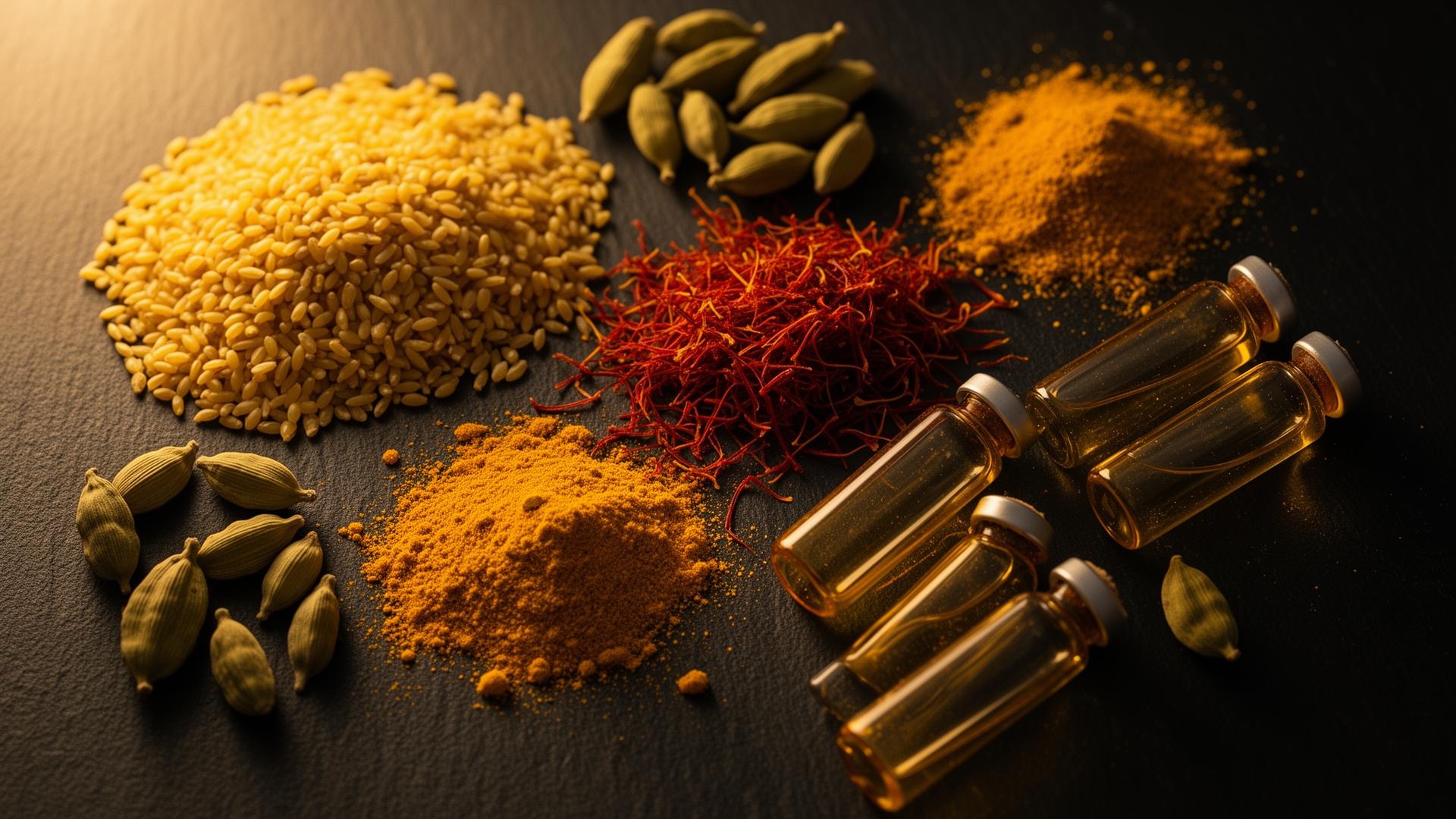 Premium food and pharmaceutical ingredients arranged on a dark surface